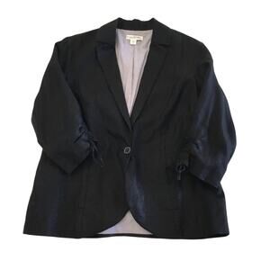 Coldwater Creek Blazer Women's 100 % Linen Black Ruched Career Business Size 16
